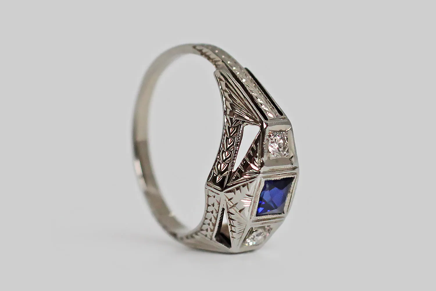 Architectural Art Deco Era Three Stone Engagement Ring in 18k Gold
