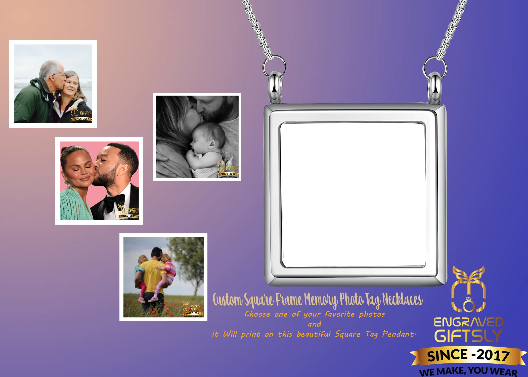 Custom Square Frame Memory Photo Tag Necklaces